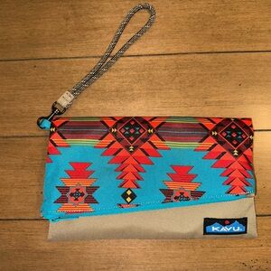 Kavu Bifold Clutch Wallet Wristlet Teal Orange Geometric Bag Purse Aztec Print